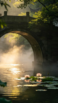 Lotus flowers on the small bridge