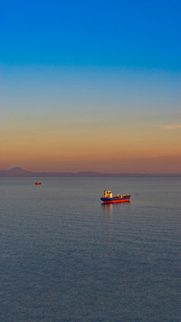 Seascape with tanker and ships, sea and coastline background