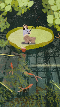 Cute Girl Fishing on Lotus Leaf