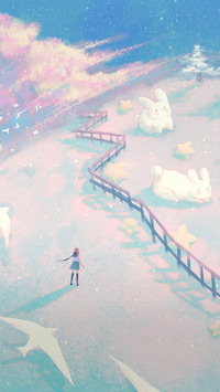 Little Girl And Rabbit in A Dreamy Scene
