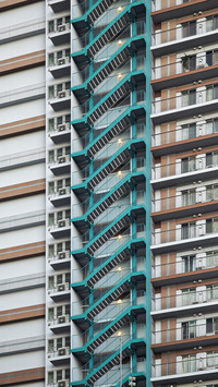 Look up into the distance along the steel frame lines