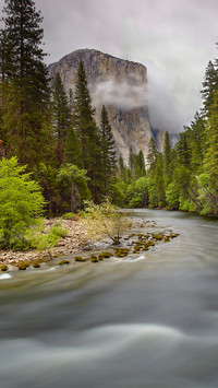 Merced river with el capitan looming in the distance in