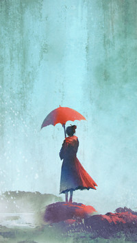 Woman with an Umbrella Standing against Waterfall