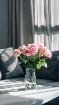 A vase filled with a bouquet of delicate pink roses placed