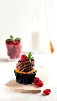 Cupcake with chocolate and raspberries