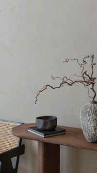Elegant warm living room interior with wooden console