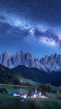 Santa Maddalena and Milky Way at Night in Autumn in Italy