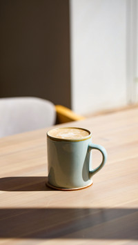Mug with coffee on the table in the sun