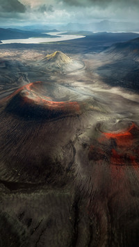 Aerial view of lava in a volcanic crater