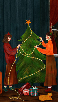 Two Girls Are Dressing Up The Christmas Tree
