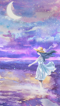Girl Playing at The Beach Under The Moon