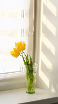 Window with blinds and a bouquet of yellow tulips