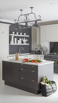 Shopping bag next to island counter in openplan kitchen