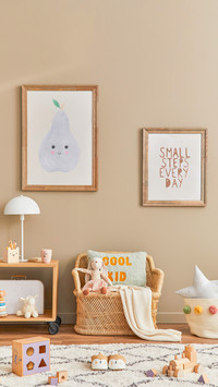 Stylish scandinavian kid room interior with toys
