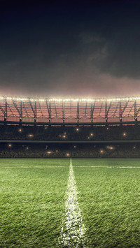 Soccer field with illumination, green grass and night sky