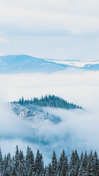 Clouds and mist surround the mountains