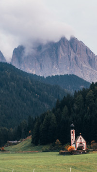 Forest church overcast mountain view