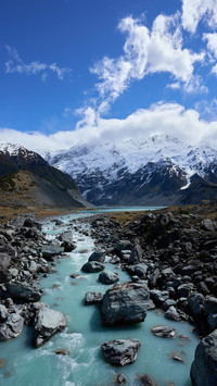 The stream under the snowy mountain