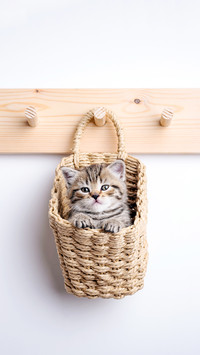 Gray kitten inside basket on woden coat rack