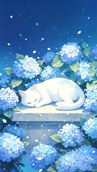 绣球花下 猫与月光