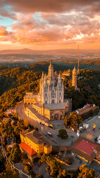 Barcelona skyline and Sagrat Cor temple at sunset