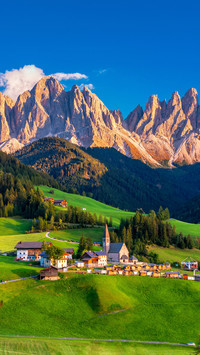 Santa Maddalena village with magical Dolomites mountains