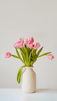 Beautiful pink tulip flowers bouquet in ceramic vase