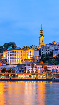 Panorama of Belgrade at night with river Sava