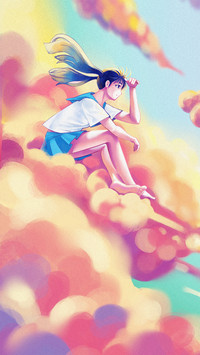 A girl sitting on a Coloful cloud