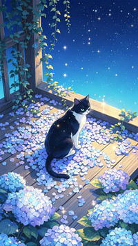 绣球花下 猫与月光