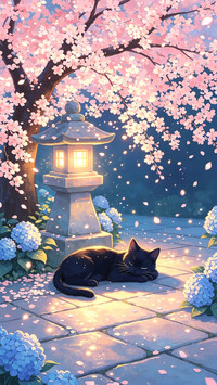 绣球花下 猫与月光