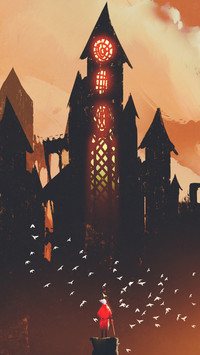 red knight standing in front of fantasy castle in the background of orange clouds