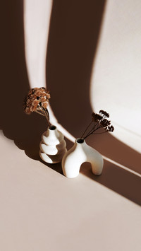 Modern beige ceramic vases set with dry grass