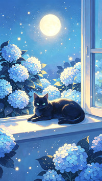 绣球花下 猫与月光