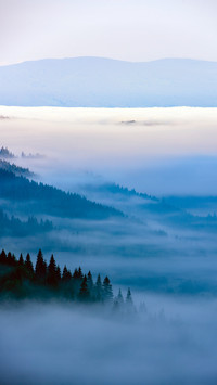 Clouds and mist surround the mountains