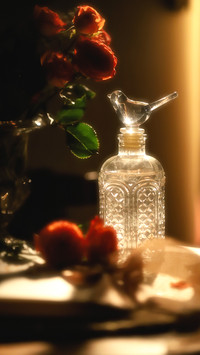 Beautiful rose flowers and  glass bottles