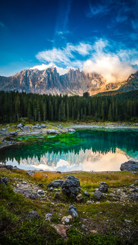 Karersee lake and dolomites in the morning italy