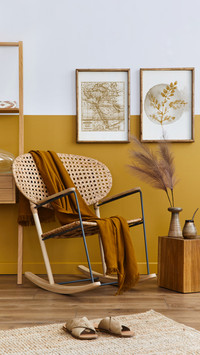 Living Room with Rattan Armchair and Personal Accessories