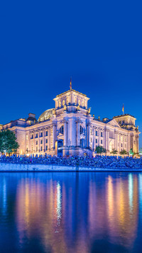 Spree river during blue hour at dusk, Berlin Mitte, Germany