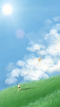 Illustration of flying kites on the grass