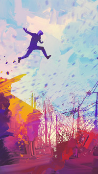 man jumping on the roof in city with abstract grunge