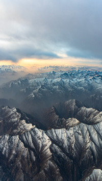 Aerial view of sunrise on the Pamir Plateau