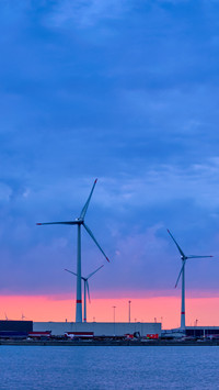 Panorama of wind turbines power electricity generators
