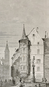 A pen and ink drawing depicting a tranquil street scene