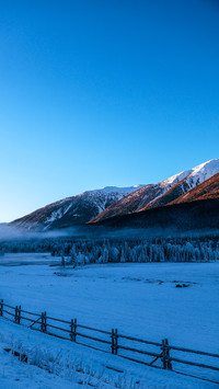 Early morning winter pasture snow capped mountains