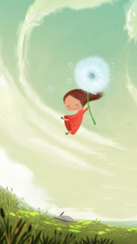 Little fairy girl flying in the sky with dandelion
