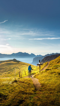 Woman backpacker tourist hiking walking alone mountain