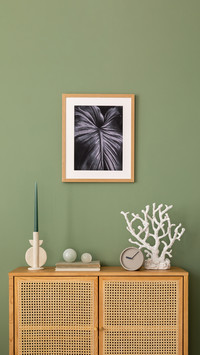 Stylish bedroom interior design with mock up poster frame