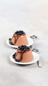 Chocolate Panna cotta with sauce and blueberry on a plate
