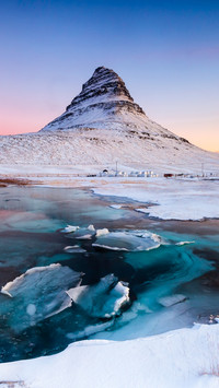Kirkjufell mountain in the winter in iceland